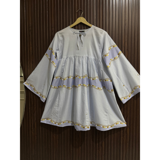Blue Lawn Top with Bell Sleeves