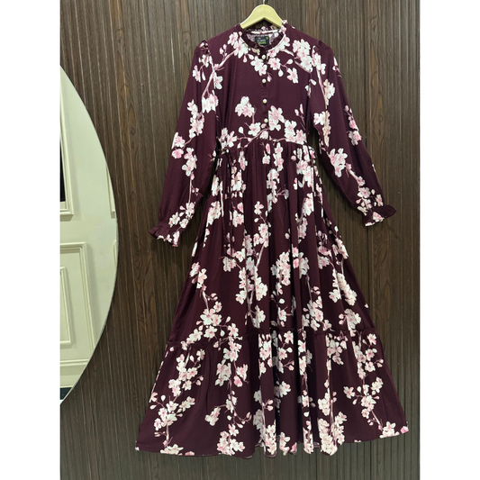 Women's Soft Linen Floral Long Dress – Lightweight Summer Maxi Dress (Maroon)
