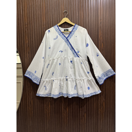 Printed White Lawn Top with Blue Border