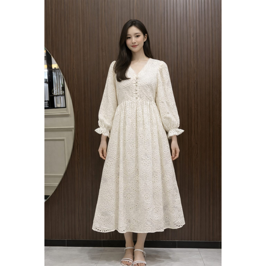Milky White Chiffon Chicken Kari Long Dress for Women – Elegant Embroidered Maxi Dress with Malai Lining