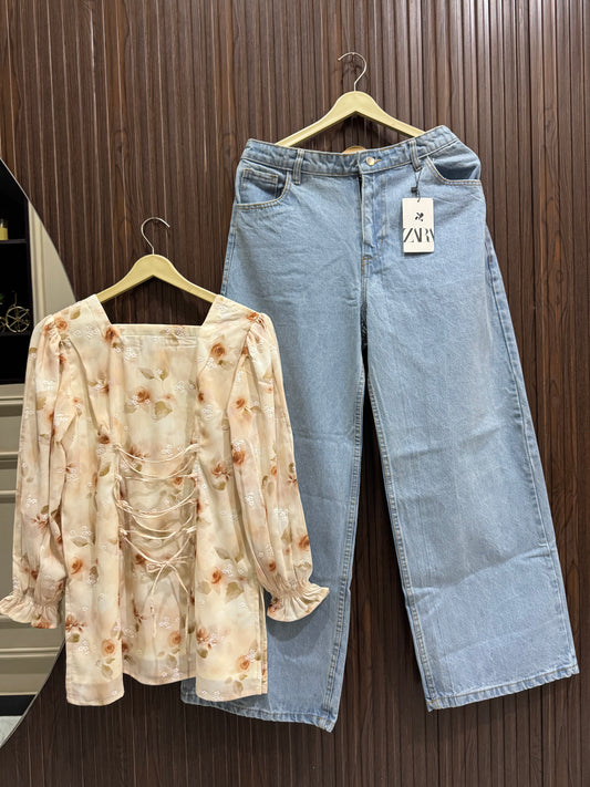 Floral Muse – Chiffon Chicken Kari Corset Kurti with Wide Leg Jeans