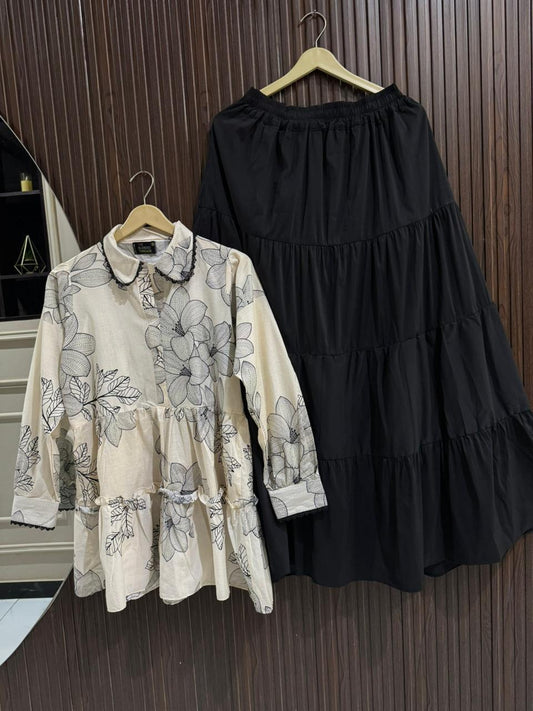 Elegant Printed Skirt Top Set for Women – Flowy Lawn Top with Cotton Layered Skirt