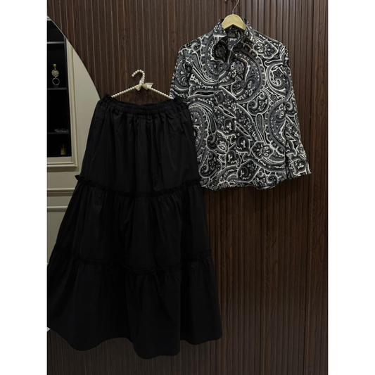 Black Paisley Georgette Top with Black Crepe Georgette Skirt Set – Elegant Women Skirt Top Outfit