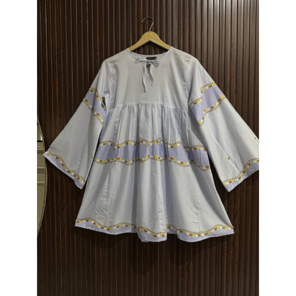 Blue Lawn Top with Bell Sleeves