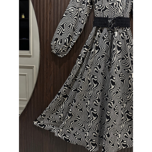 Women's Premium Imported Soft Georgette Abstract Print Maxi Dress with Waist Belt | Non See-Through |FLARE 120+ Inches