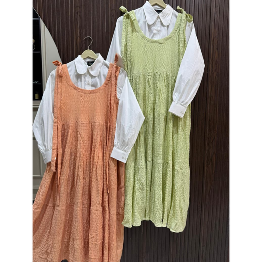Korean Inspired Crushed Georgette Maxi Dress with Cotton Shirt – Pinterest Style Layered Outfit for Women