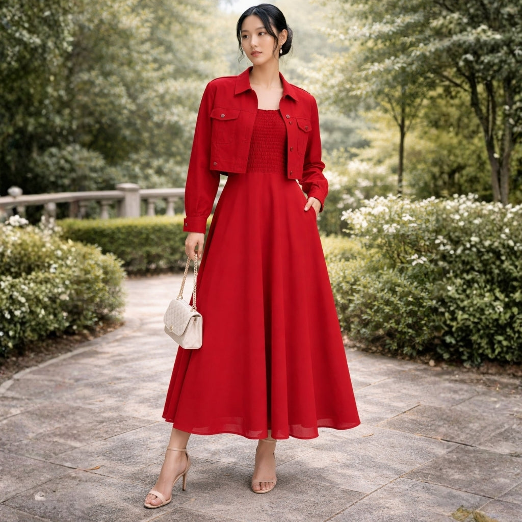 Jacket Style Georgette Maxi Dress for Women – Elegant Long Dress with Cropped Jacket
