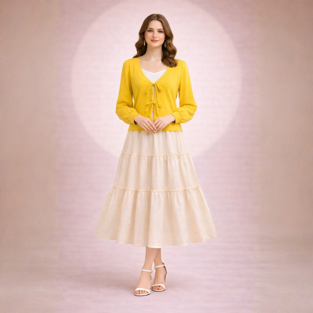 Layered Georgette Skirt Top Set for Women – Textured Tie-Front Top with Crepe Georgette Maxi Skirt