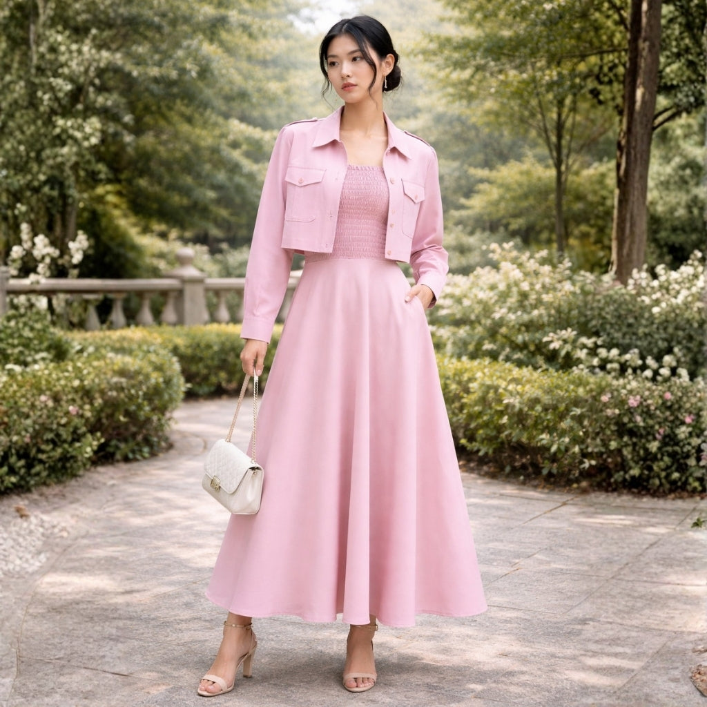 Jacket Style Georgette Maxi Dress for Women – Elegant Long Dress with Cropped Jacket