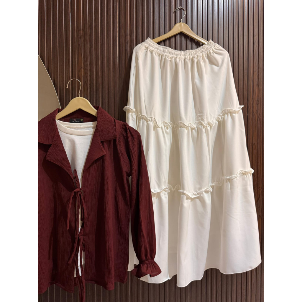 Layered Georgette Skirt Top Set for Women – Textured Tie-Front Top with Crepe Georgette Maxi Skirt