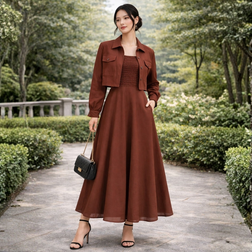 Jacket Style Georgette Maxi Dress for Women – Elegant Long Dress with Cropped Jacket