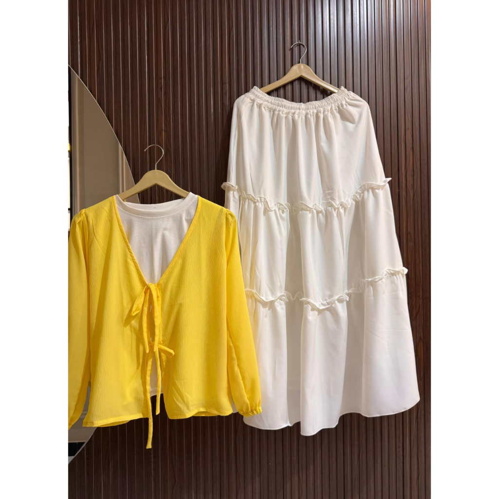 Layered Georgette Skirt Top Set for Women – Textured Tie-Front Top with Crepe Georgette Maxi Skirt
