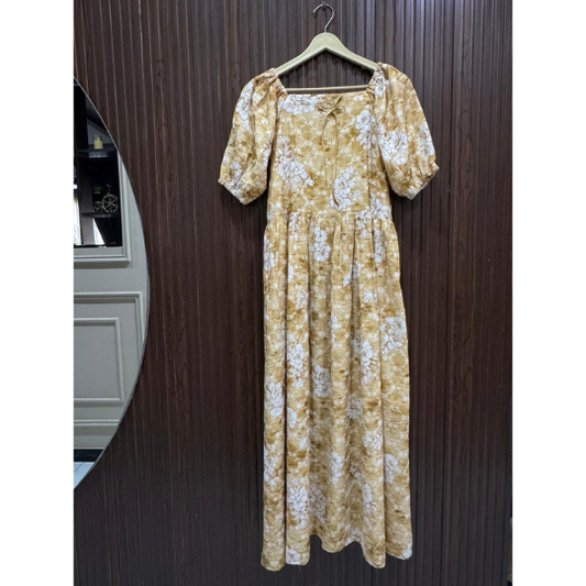 Mustard Lawn Chicken Kari Maxi Long Dress with Half Sleeves