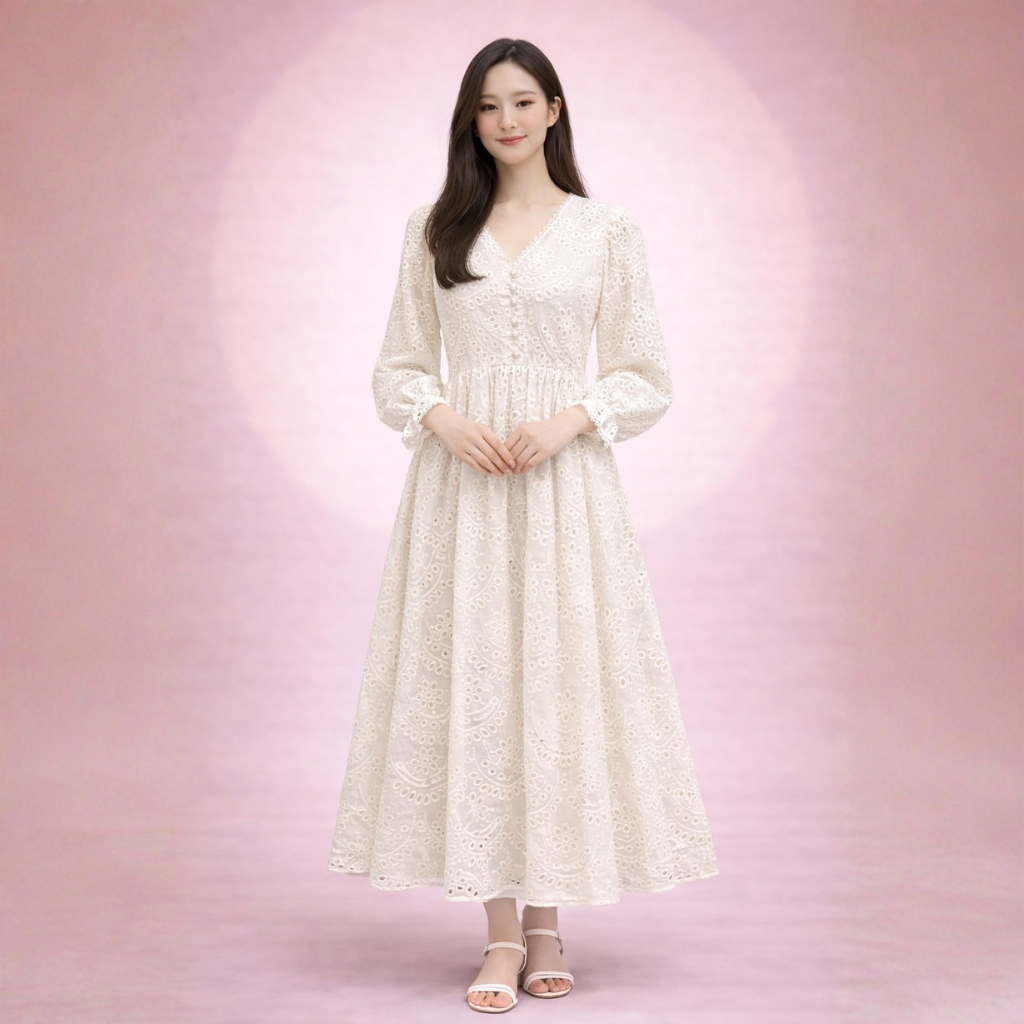 Milky White Chiffon Chicken Kari Long Dress for Women – Elegant Embroidered Maxi Dress with Malai Lining