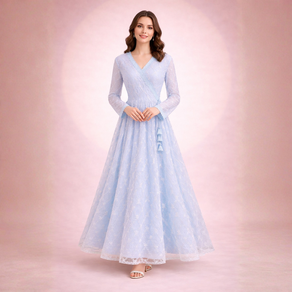 Powder Blue Chiffon Net Long Dress for Women – Elegant Lace Maxi Dress with Malai Lining