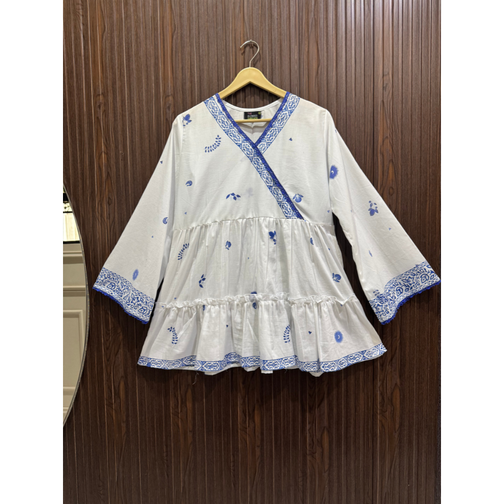 Printed White Lawn Top with Blue Border