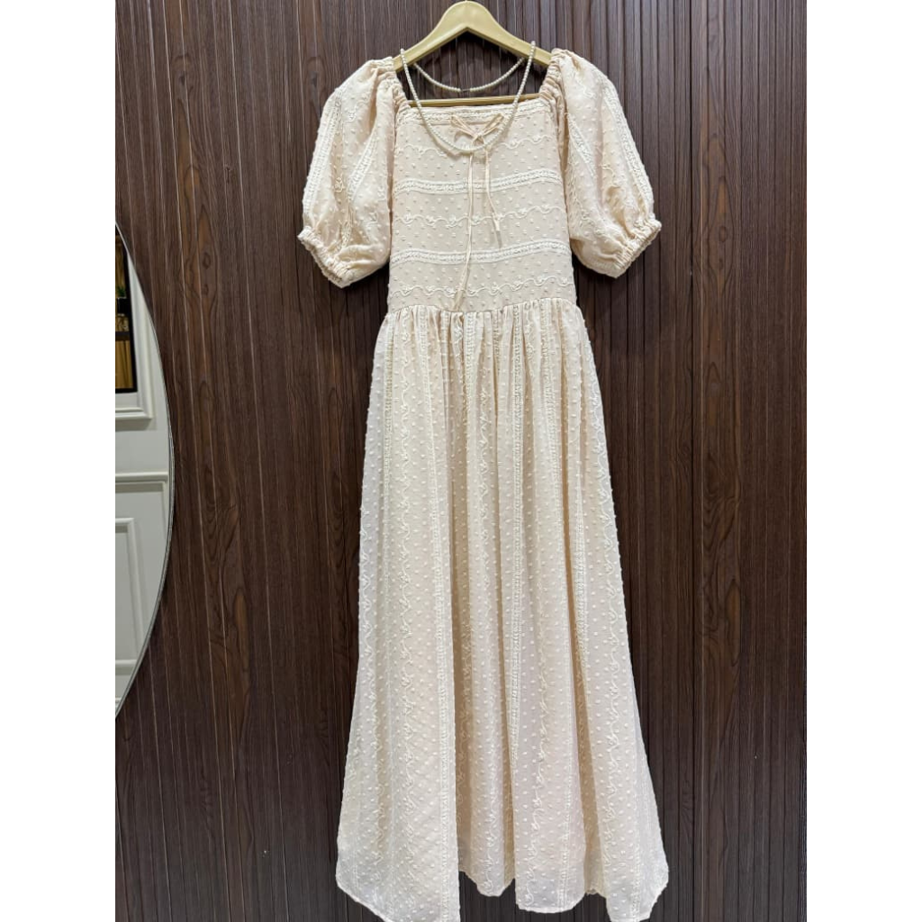 Cream Broshia Chicken Kari Long Dress for Women with Malai Lining – Elegant Modest Maxi Dress