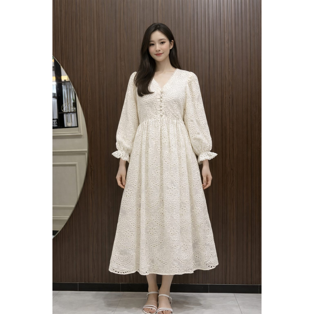 Milky White Chiffon Chicken Kari Long Dress for Women – Elegant Embroidered Maxi Dress with Malai Lining