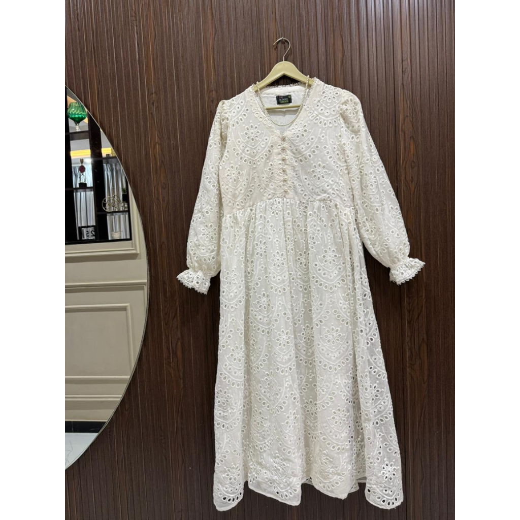 Milky White Chiffon Chicken Kari Long Dress for Women – Elegant Embroidered Maxi Dress with Malai Lining