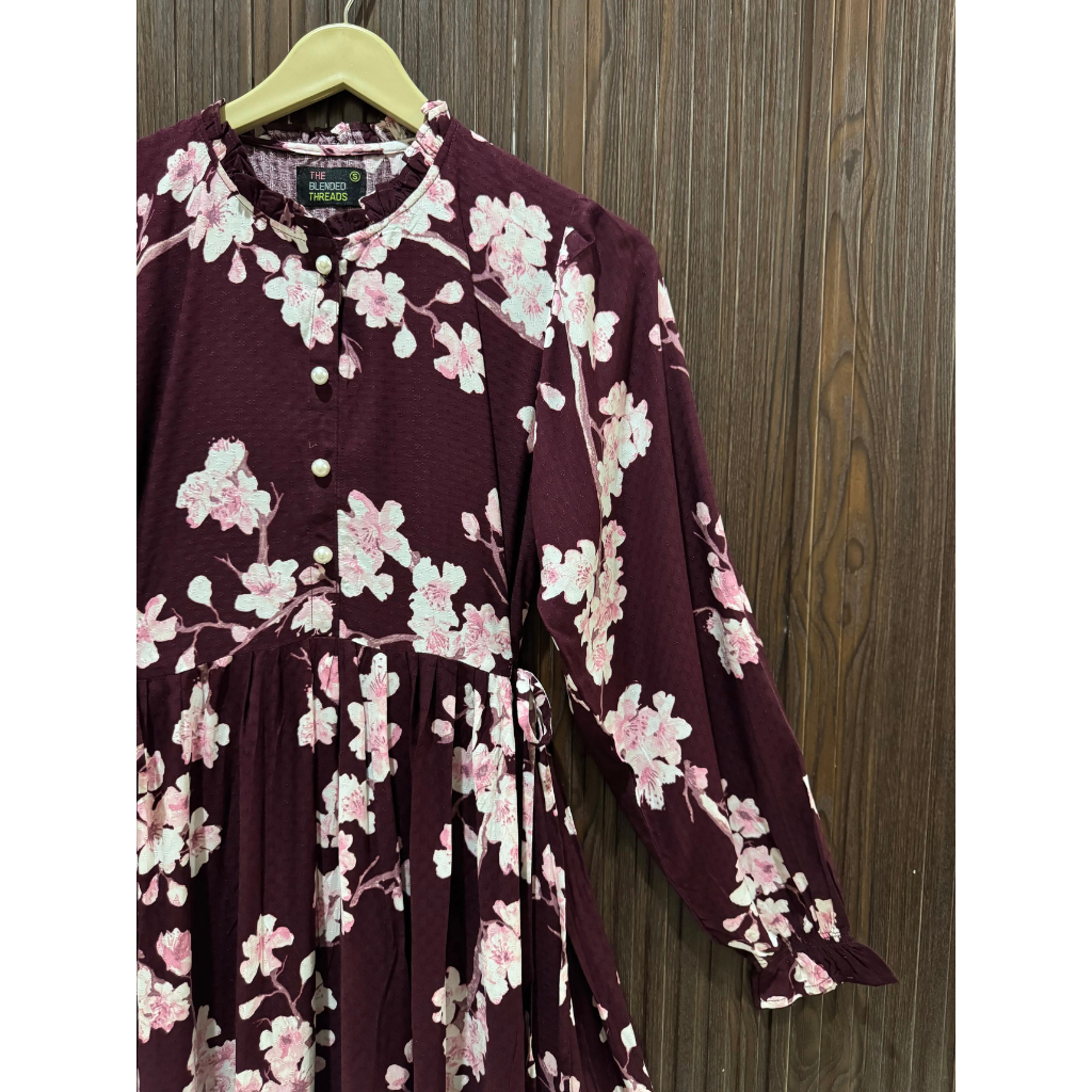 Women's Soft Linen Floral Long Dress – Lightweight Summer Maxi Dress (Maroon)