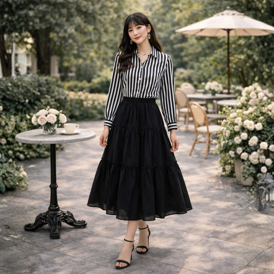 Striped Top with Black Georgette Skirt Set – Elegant Women Skirt Top Outfit