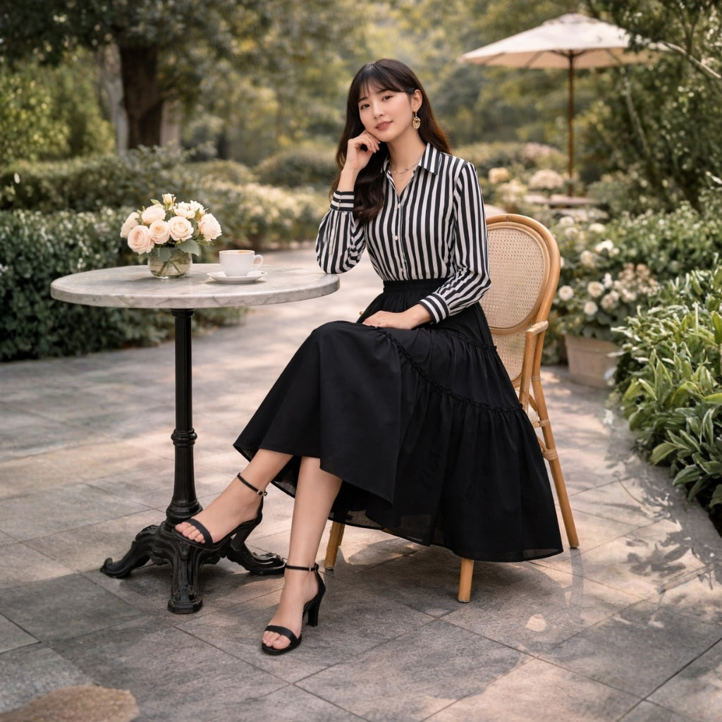 Striped Top with Black Georgette Skirt Set – Elegant Women Skirt Top Outfit