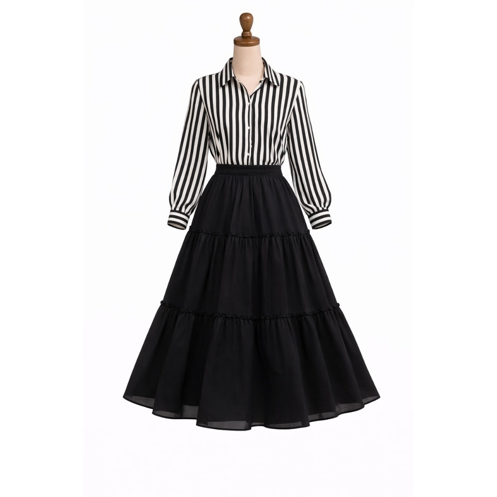 Striped Top with Black Georgette Skirt Set – Elegant Women Skirt Top Outfit
