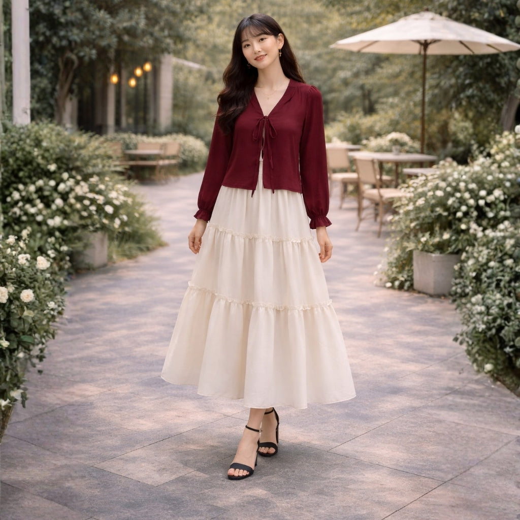 Layered Georgette Skirt Top Set for Women – Textured Tie-Front Top with Crepe Georgette Maxi Skirt