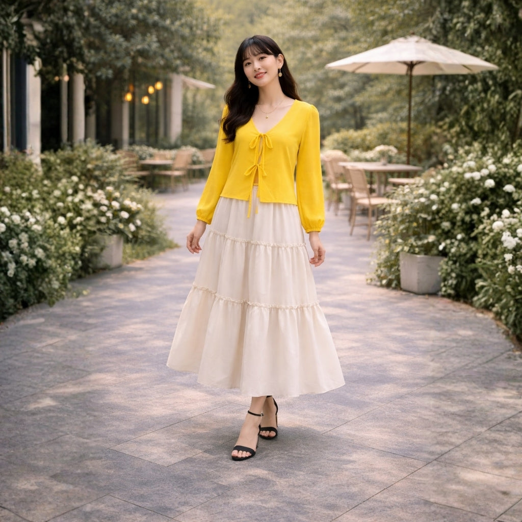 Layered Georgette Skirt Top Set for Women – Textured Tie-Front Top with Crepe Georgette Maxi Skirt