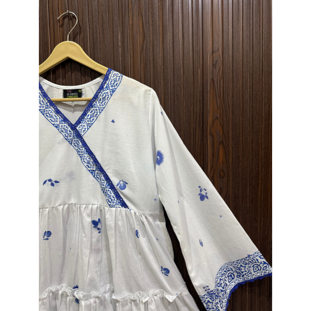 Printed White Lawn Top with Blue Border