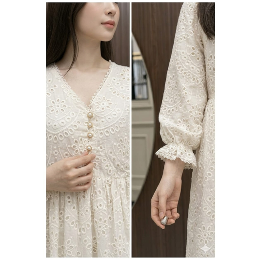 Milky White Chiffon Chicken Kari Long Dress for Women – Elegant Embroidered Maxi Dress with Malai Lining