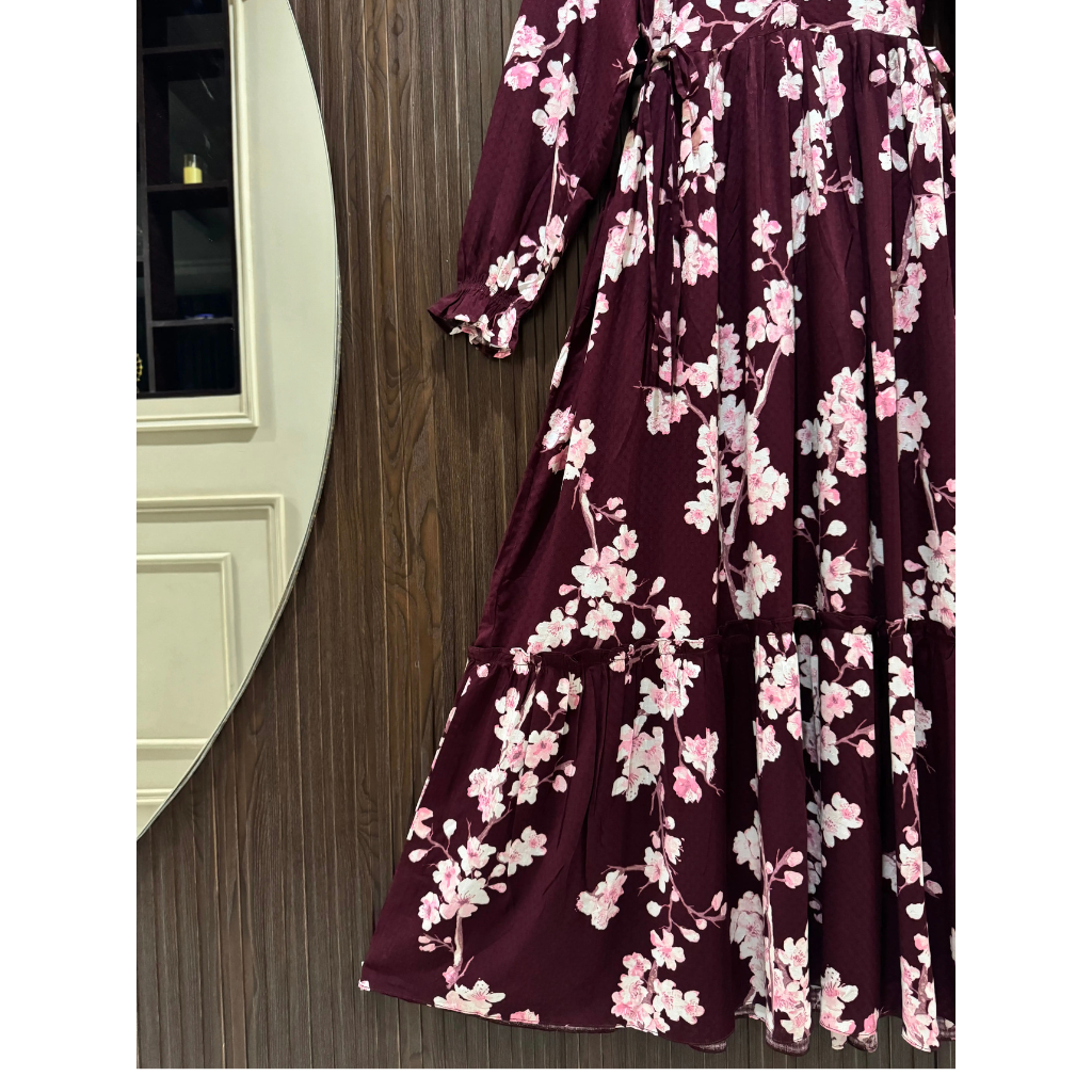 Women's Soft Linen Floral Long Dress – Lightweight Summer Maxi Dress (Maroon)