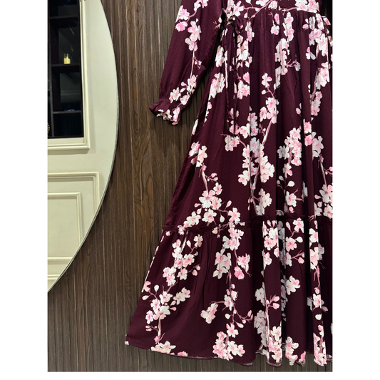 Women's Soft Linen Floral Long Dress – Lightweight Summer Maxi Dress (Maroon)