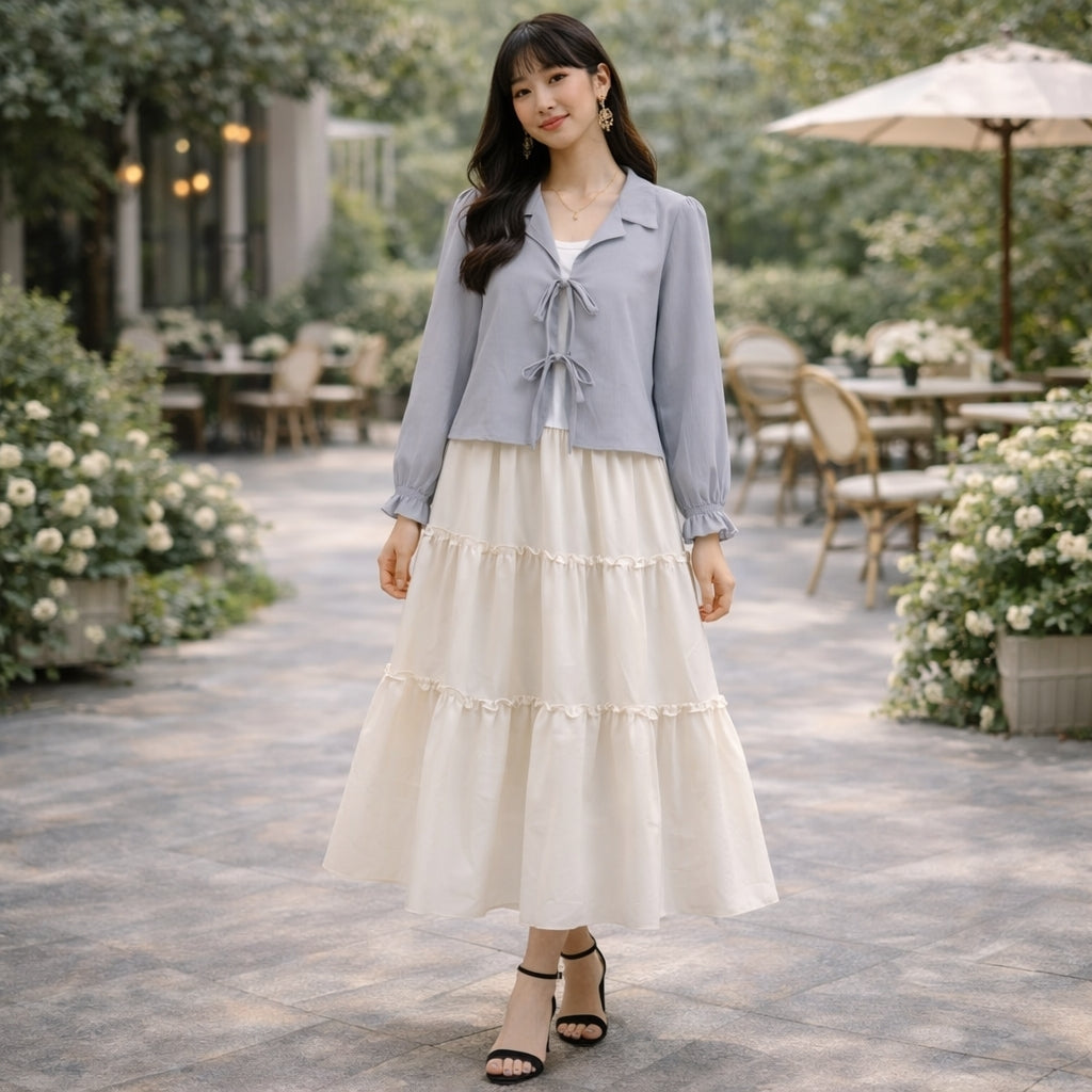 Layered Georgette Skirt Top Set for Women – Textured Tie-Front Top with Crepe Georgette Maxi Skirt