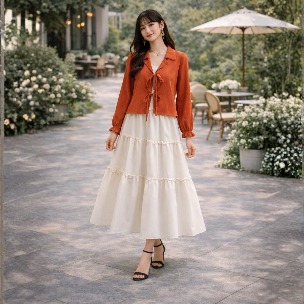 Layered Georgette Skirt Top Set for Women – Textured Tie-Front Top with Crepe Georgette Maxi Skirt