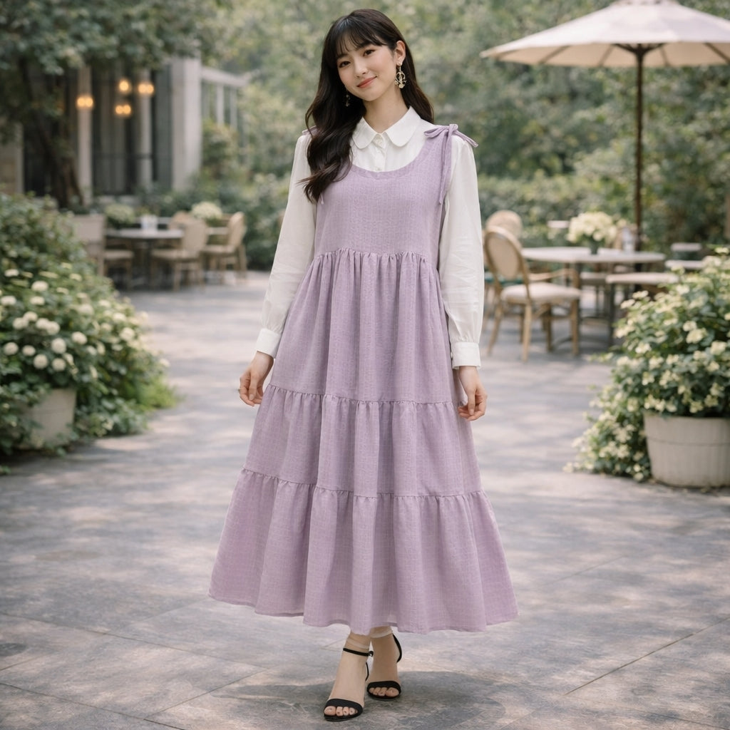 Korean Inspired Crushed Georgette Maxi Dress with Cotton Shirt – Pinterest Style Layered Outfit for Women