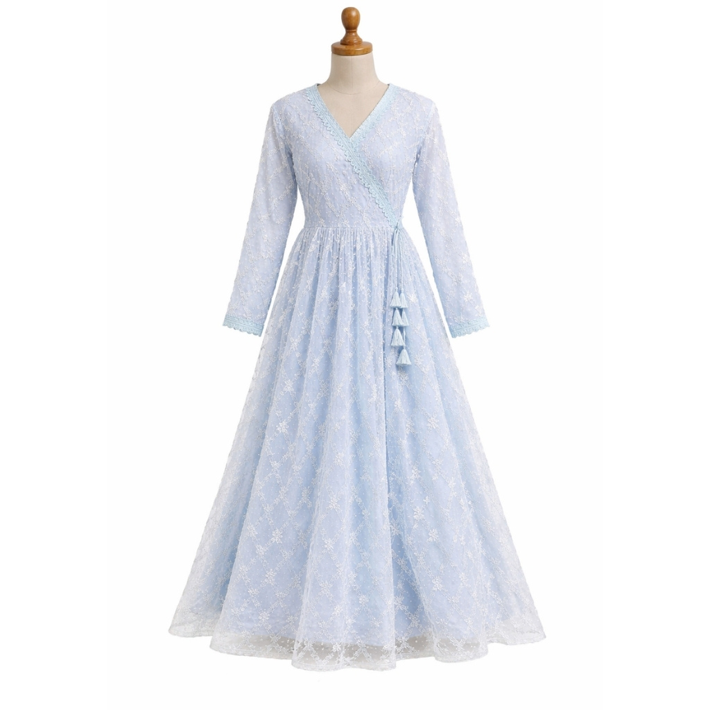 Powder Blue Chiffon Net Long Dress for Women – Elegant Lace Maxi Dress with Malai Lining