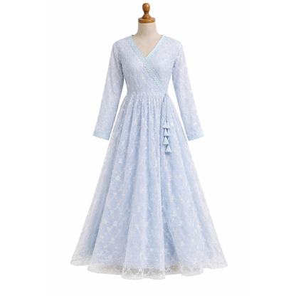 Powder Blue Chiffon Net Long Dress for Women – Elegant Lace Maxi Dress with Malai Lining