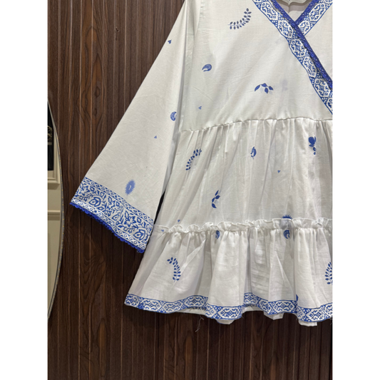 Printed White Lawn Top with Blue Border