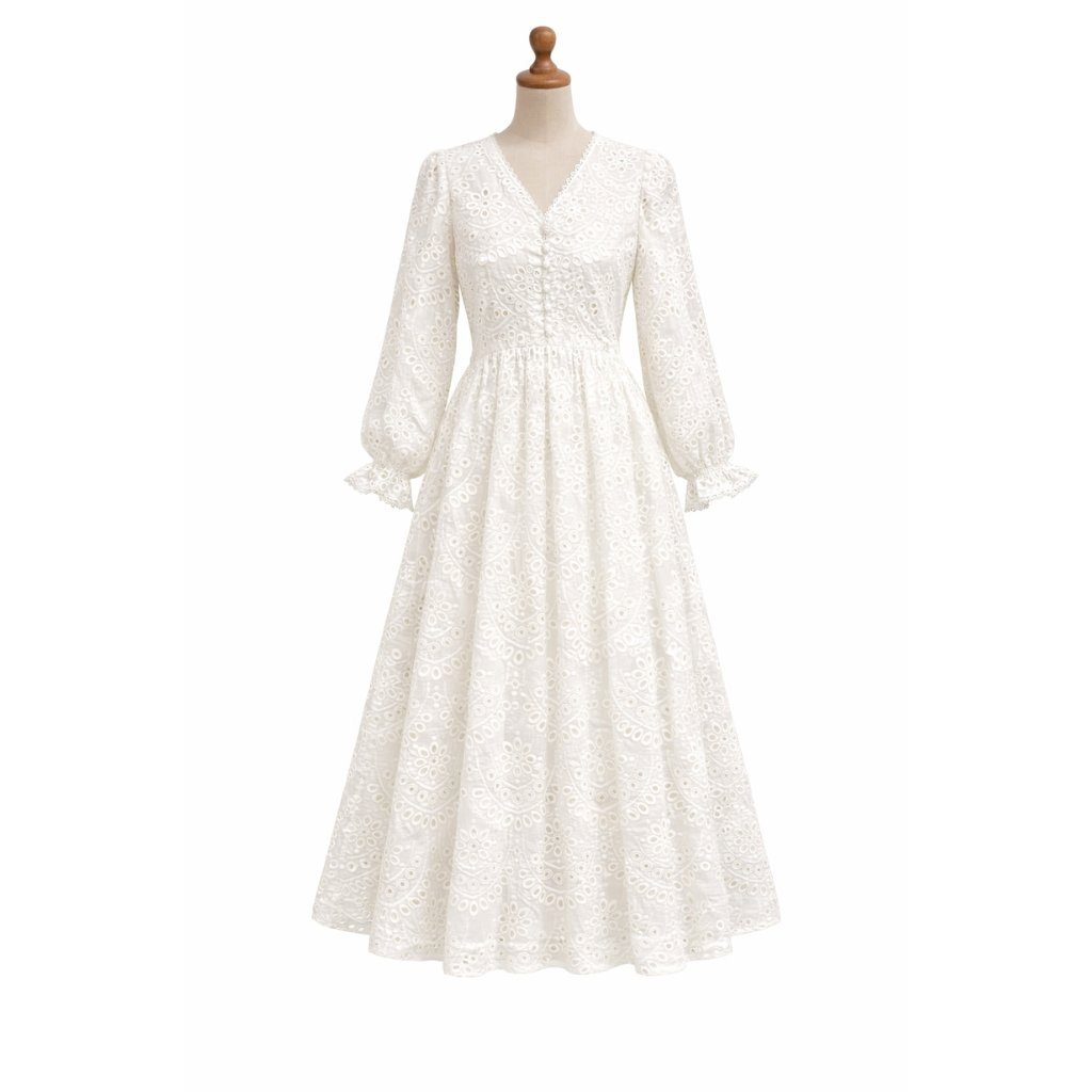 Milky White Chiffon Chicken Kari Long Dress for Women – Elegant Embroidered Maxi Dress with Malai Lining