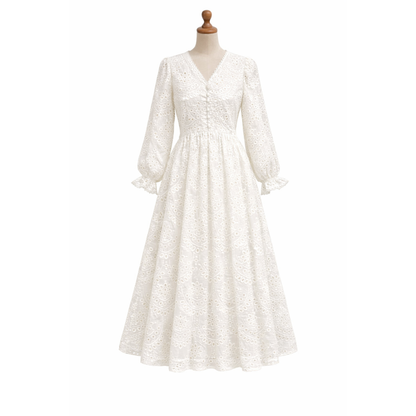 Milky White Chiffon Chicken Kari Long Dress for Women – Elegant Embroidered Maxi Dress with Malai Lining