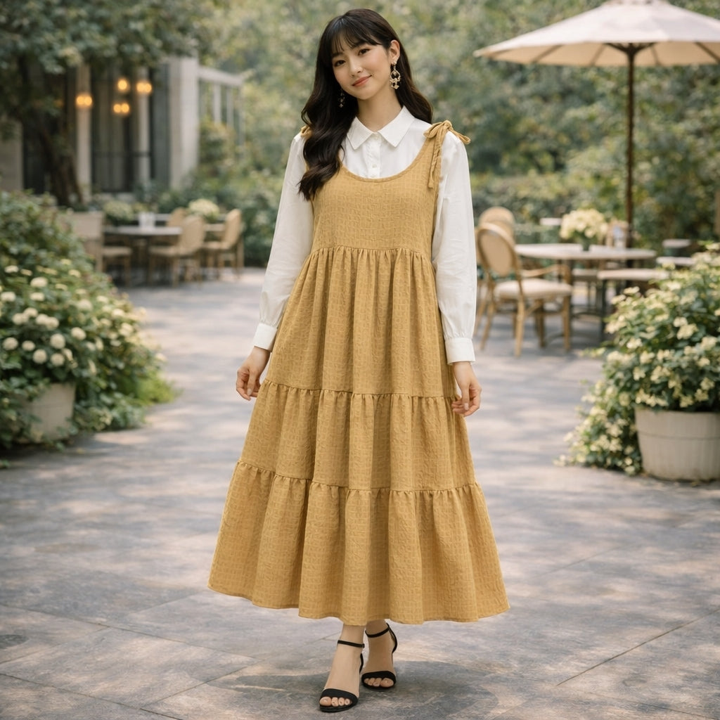 Korean Inspired Crushed Georgette Maxi Dress with Cotton Shirt – Pinterest Style Layered Outfit for Women