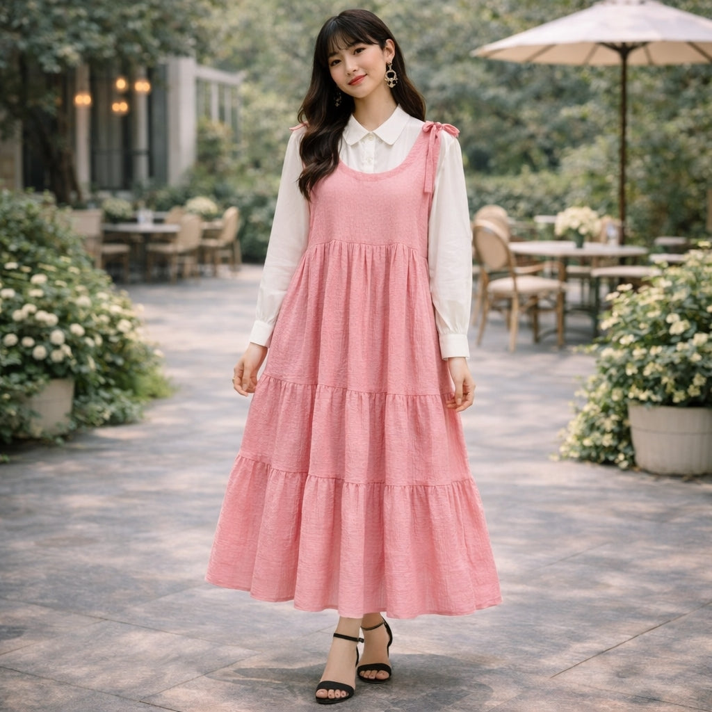 Korean Inspired Crushed Georgette Maxi Dress with Cotton Shirt – Pinterest Style Layered Outfit for Women
