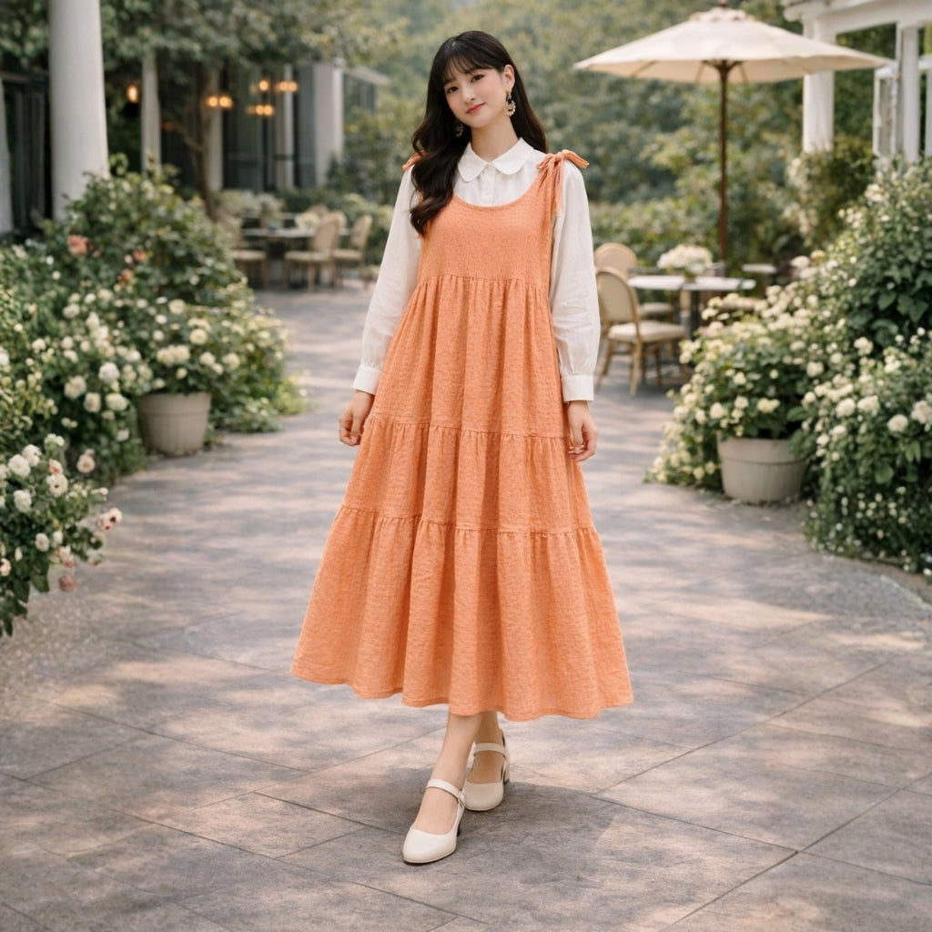 Korean Inspired Crushed Georgette Maxi Dress with Cotton Shirt – Pinterest Style Layered Outfit for Women