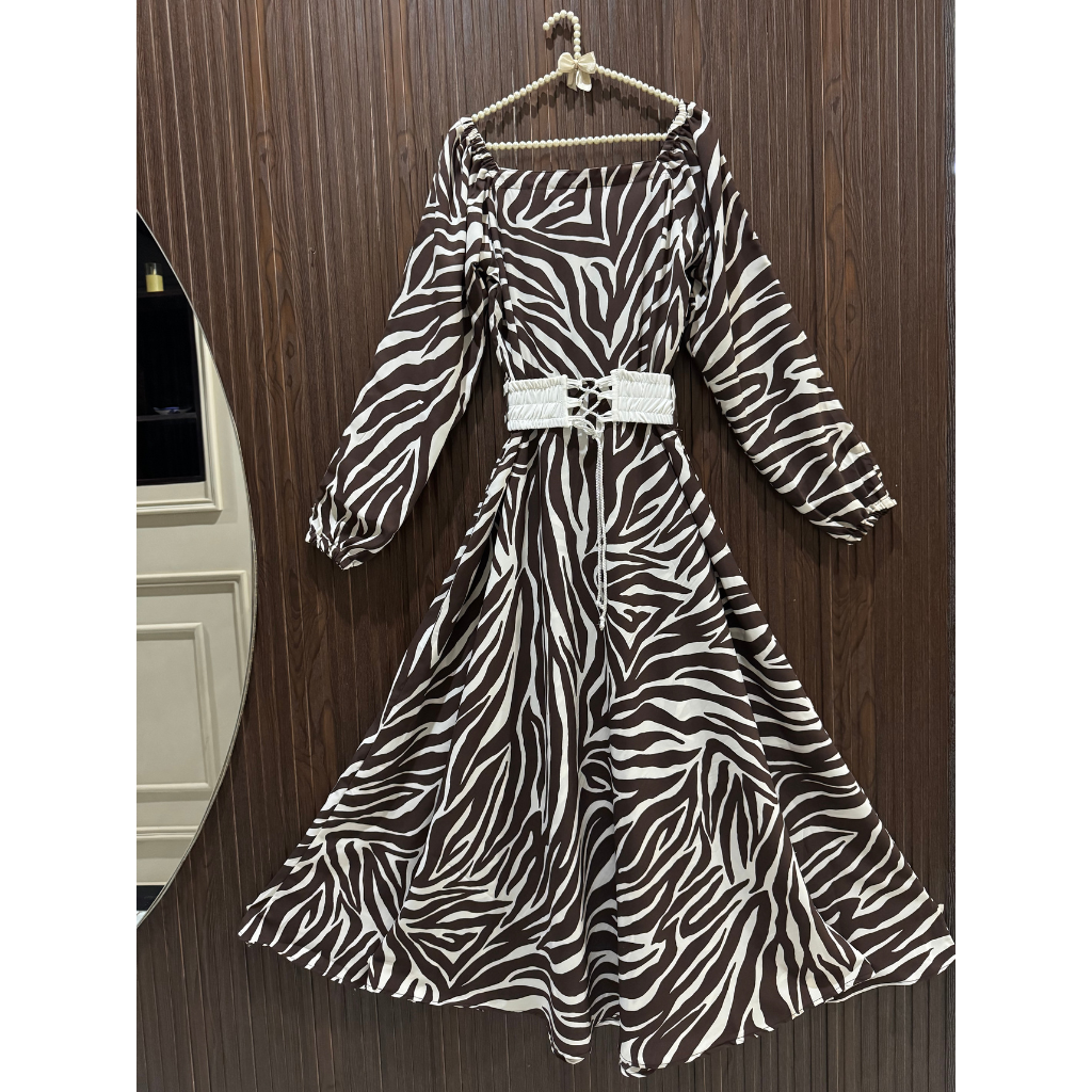 Women's Premium Imported Soft Georgette Zebra Print Maxi Dress with Waist Belt | Non See-Through|FLARE 120+ Inches