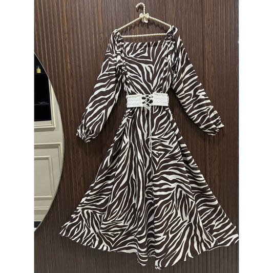 Women's Premium Imported Soft Georgette Zebra Print Maxi Dress with Waist Belt | Non See-Through|FLARE 120+ Inches