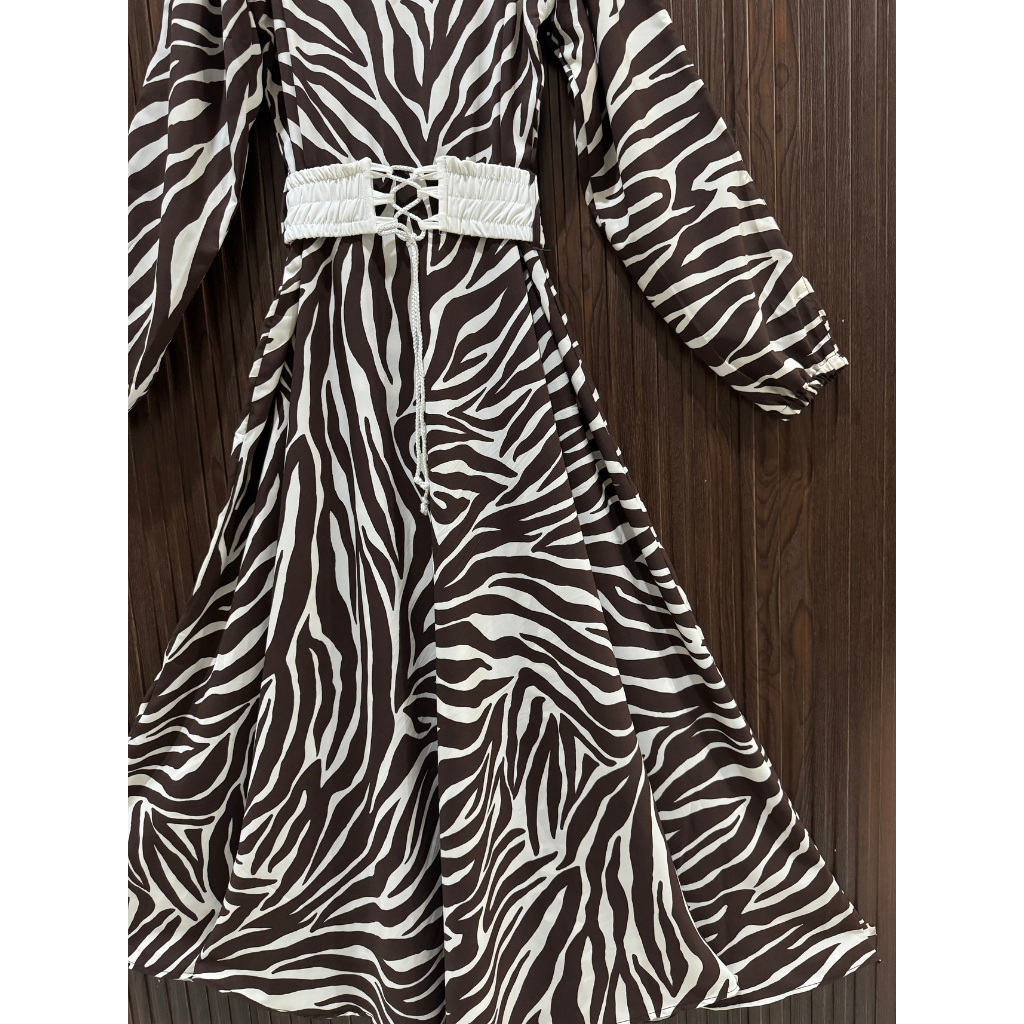 Women's Premium Imported Soft Georgette Zebra Print Maxi Dress with Waist Belt | Non See-Through|FLARE 120+ Inches