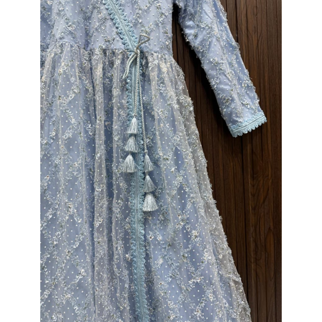 Powder Blue Chiffon Net Long Dress for Women – Elegant Lace Maxi Dress with Malai Lining