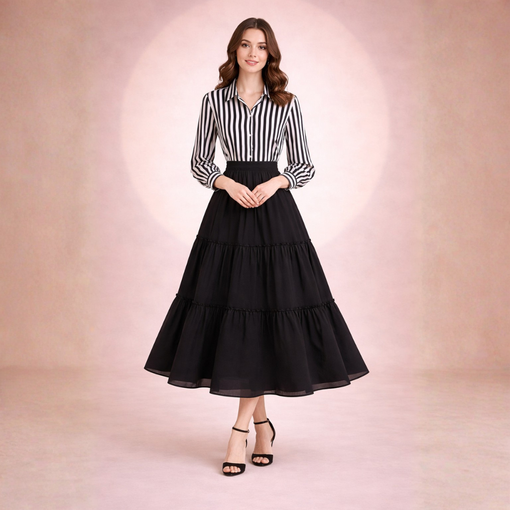Striped Top with Black Georgette Skirt Set – Elegant Women Skirt Top Outfit