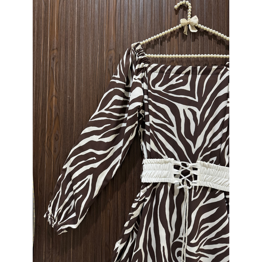 Women's Premium Imported Soft Georgette Zebra Print Maxi Dress with Waist Belt | Non See-Through|FLARE 120+ Inches